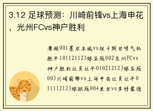 3.12 足球预测：川崎前锋vs上海申花，光州FCvs神户胜利